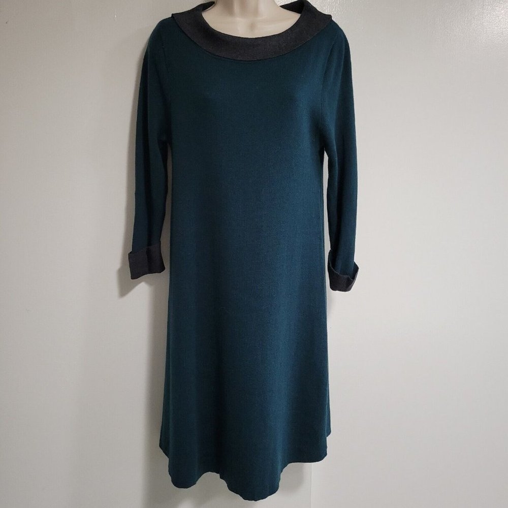 Adrienne Vittadini Size M Dark Green Soft Sweater Dress‎ Gray Collar and Cuffs